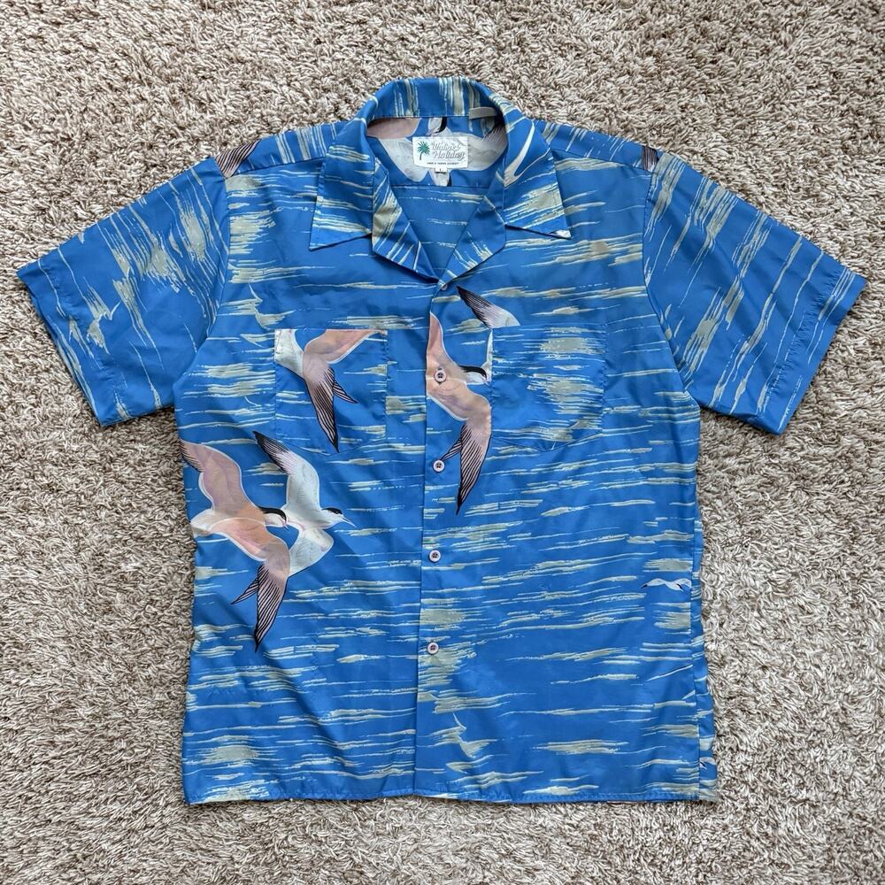 Vintage Waikiki Holiday Hawaiian Shirt SS Button Up Blue AOP Birds Men’s Size L